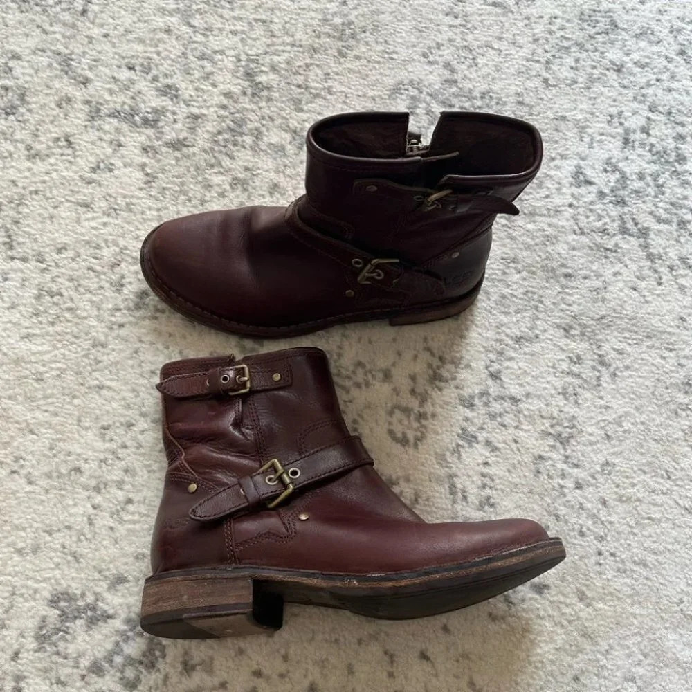 UGG Women's Burgundy Leather Moto Boots